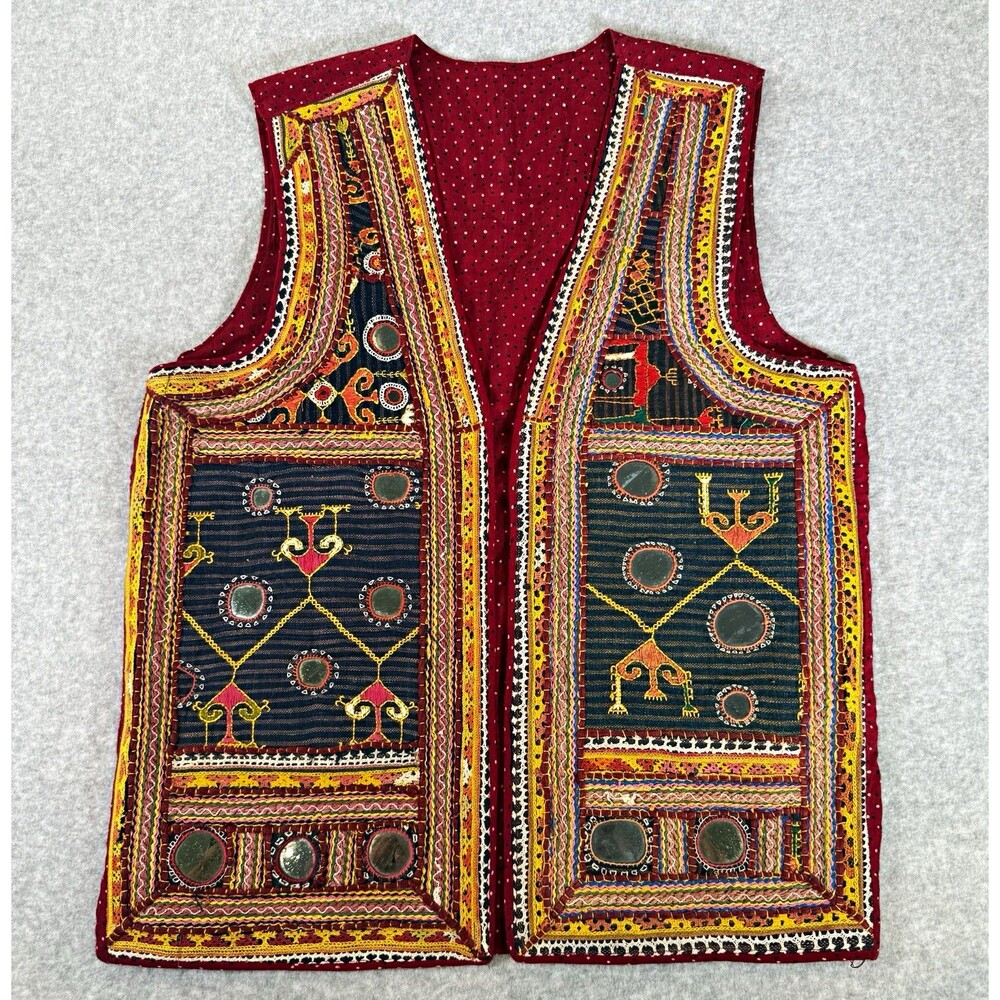VTG Handmade Embroidered Mirrorwork Vest Tribal Ethnic Festival Textile Red Art